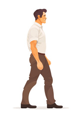 Adult male walking in side profile, wearing casual business attire, isolated on white background. Vector illustration
