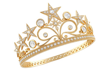 Elegant gold tiara with stars and diamonds isolated on transparent background
