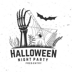Halloween night party design. Vector illustration. For holiday Halloween design, shirt, logo, badge, decorations, cards, banner with skull hand sticking out of grave silhouette.