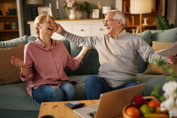 An older Caucasian couple is sitting on a couch, laughing as they review documents related to life insurance. A laptop, calculator and a bowl of fruit are on the table in front of them.