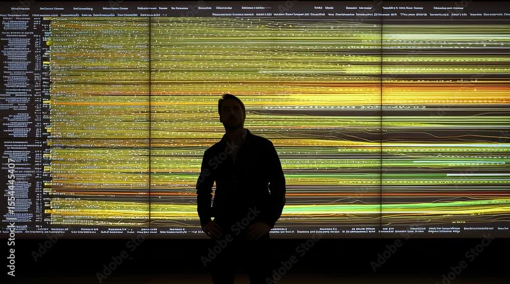Aufkleber Silhouetted Man Observing Data Visualization on Large Screen