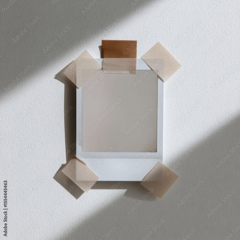 Poster an empty polaroid frame is securely taped onto a textured white wall, highlighted by striking patter