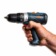 A male hand gripping a cordless drill with a focus on the tool handle, isolated on a clean white background