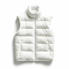 A male outerwear jacket in white nylon with goose down padding, sleeveless, featuring a stand collar and front zipper closure, isolated on a white background