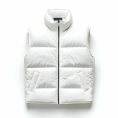 A male outerwear jacket in white nylon with goose down padding, sleeveless, featuring a stand collar and front zipper closure, isolated on a white background