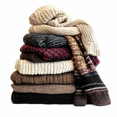 A neat stack of cozy winter clothes, including sweaters, scarves, and gloves, isolated on a clean white background