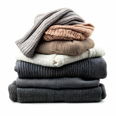 A neat stack of cozy winter clothes, including sweaters, scarves, and gloves, isolated on a clean white background