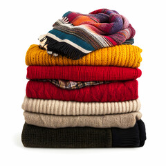 A neat stack of cozy winter clothes, including sweaters, scarves, and gloves, isolated on a clean white background