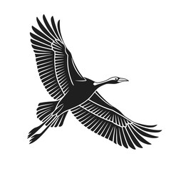 A stylized black and white illustration of a crane in flight, wings outstretched.