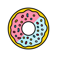 Colorful and Playful Donut with Pink and Blue Frosting and Sprinkles on Yellow Background