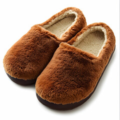 A pair of cozy brown house slippers with a soft, plush interior, isolated on a white background