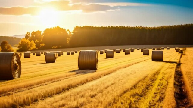 Golden sunset light over hay bales in a harvested field showing rural autumn landscape and round haystacks after the harvest