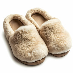 A pair of cozy sheepskin slippers, showcasing their soft texture, isolated on a clean white background