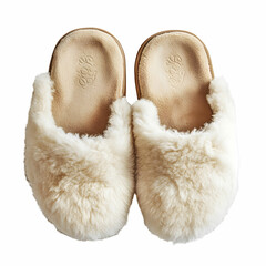A pair of cozy sheepskin slippers, showcasing their soft texture, isolated on a clean white background