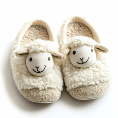 A pair of cozy women slippers with a soft fleece lining, overlooking a cute sheep, isolated on a white background