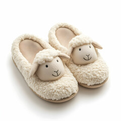 A pair of cozy women slippers with a soft fleece lining, overlooking a cute sheep, isolated on a white background