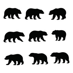 Nine stylized black bear silhouettes walking across a white background.