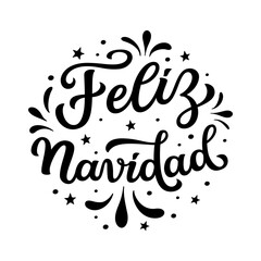 Feliz Navidad. Spanish translation: Merry Christmas. Hand lettering black text in a round shape isolated on white background. Vector typography for posters, cards, holiday decor, Christmas balls