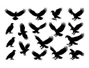 A collection of sixteen eagle silhouettes in various flight and perched positions, showcasing different wingspans and postures.