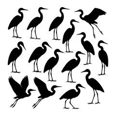 Silhouette illustrations of various egret in different poses, showcasing their forms and flight.