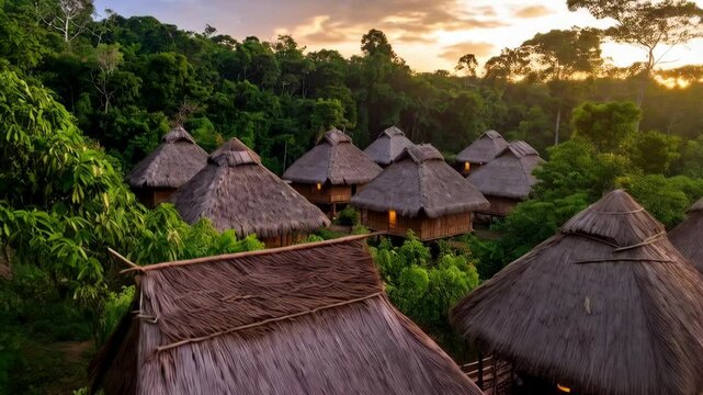 Aerial view of thatch roof bungalows in a lush jungle landscape at sunset with golden light filtering through the trees creating a peaceful retreat.