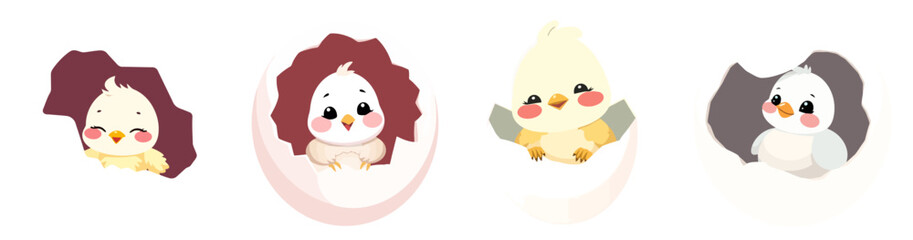 Cute Vector Illustration Set of Baby Chicks Hatching Easter Spring Animal Characters for Kids and Seasonal Designs