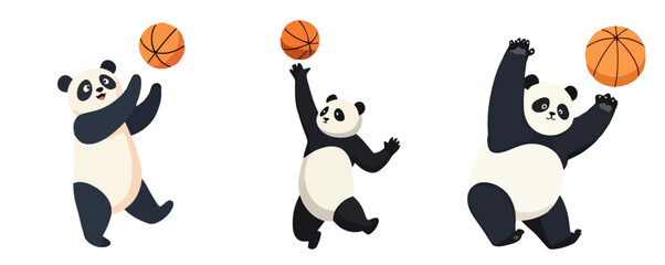 Cute Cartoon Panda Bears Playing Basketball Vector Illustration Set Sporty Animal Characters for Kids and Sports Designs