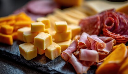 Appetizing close-up of a vibrant charcuterie spread with creamy cheese cubes and perfectly rolled deli meats.