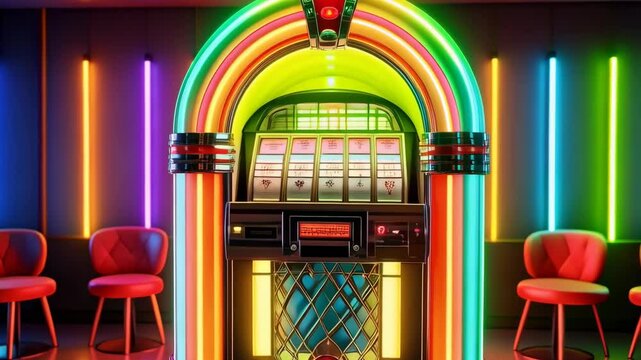 Retro jukebox machine with colorful neon lights and red chairs in entertainment room. Vintage music box with illuminated frame. Nostalgic ambiance and vibrant atmosphere.