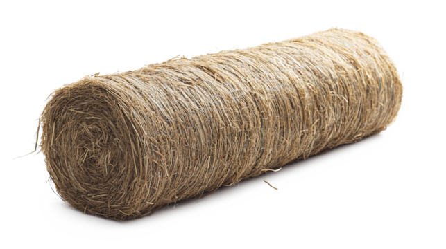 Dry hay bale with tightly packed coarse textured hay isolated on transparent background. PNG