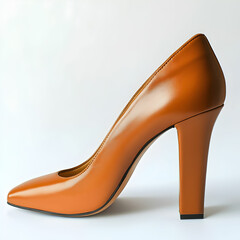 A pair of leather high-heel shoes with a chunky heel, sitting elegantly on a clean white background