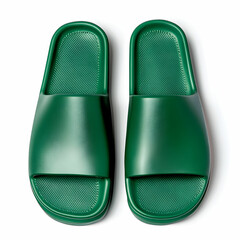 A pair of green rubber slippers with a sleek design, isolated on a white background
