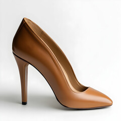 A pair of leather high-heel shoes with a chunky heel, sitting elegantly on a clean white background