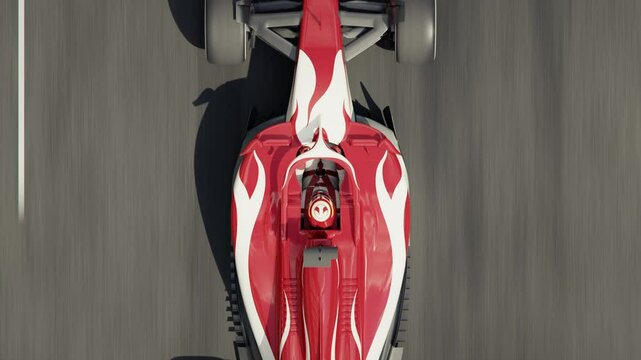 Top view of a generic formula one race car driving across the finish line. 3d animation rendering
