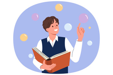 Guy student with book in hands reads science fiction literature and stands among air bubbles. Student bookworm with textbook rejoices at opportunity to extract knowledge from encyclopedia