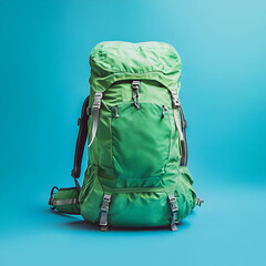 A green hiking backpack, isolated in front of a light blue background