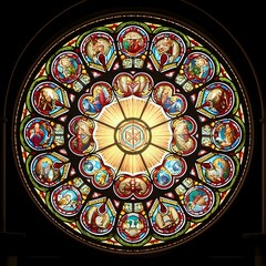 A vibrant and intricate stained glass rose window depicting biblical scenes and figures.