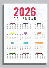One Page Calendar 2026 with Colored Watercolor Brush Strokes. Vector Calendar 2026