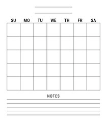 Minimalistic page of classic planner for any month, vector isolated illustration