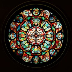 Intricate stained glass rosette window, a vibrant symphony of colors and geometric shapes.