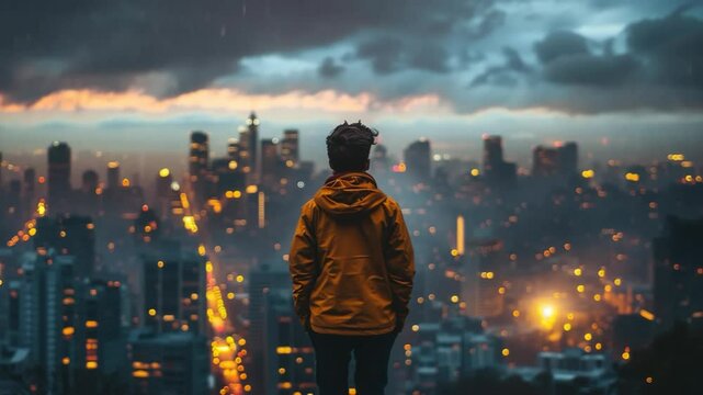 back view of a young man in hoodie standing at rooftop urban city under storm black cloud cityscape 