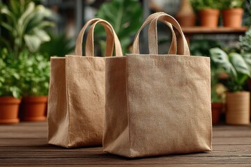 Two reusable bags placed on a wooden table, ready for sustainable family shopping. The bags are made of eco-friendly materials, promoting an environmentally conscious lifestyle.