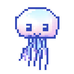 Colorful pixel art jellyfish swimming gracefully in a serene underwater environment during daytime