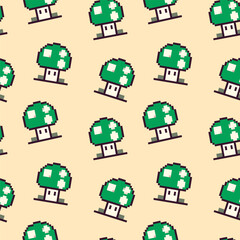 Green mushroom pattern featuring pixel art design on a light background in a seamless arrangement