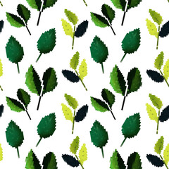 Colorful vector pattern featuring various styles of green leaves on a white background