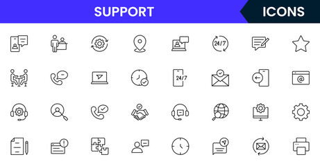 Vector illustration web line icon collection for support: help desk, chat, customer service, and assistance symbols in a friendly, modern, and approachable design style.