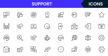 Vector illustration web line icon collection for support: help desk, chat, customer service, and assistance symbols in a friendly, modern, and approachable design style.