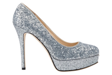 Sparkling silver glitter high heel pump shoe isolated on transparent background