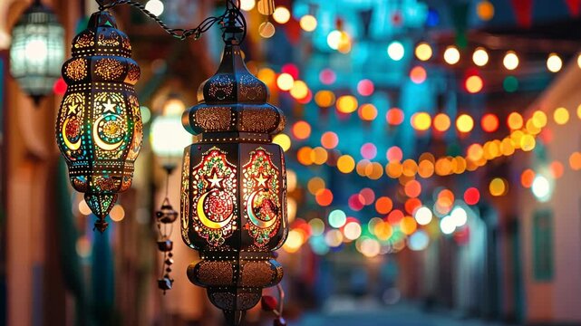 illuminated lanterns glowing in soft light during celebration of kurban bayram creating festive spiritual atmosphere with traditional design elements concept of islamic holiday cultural event design i