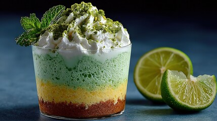 Transparent cup of multi - layered matcha dessert topped with cream, matcha powder, and mint leaves, beside limes against a blue background, showcasing an exquisite matcha dessert